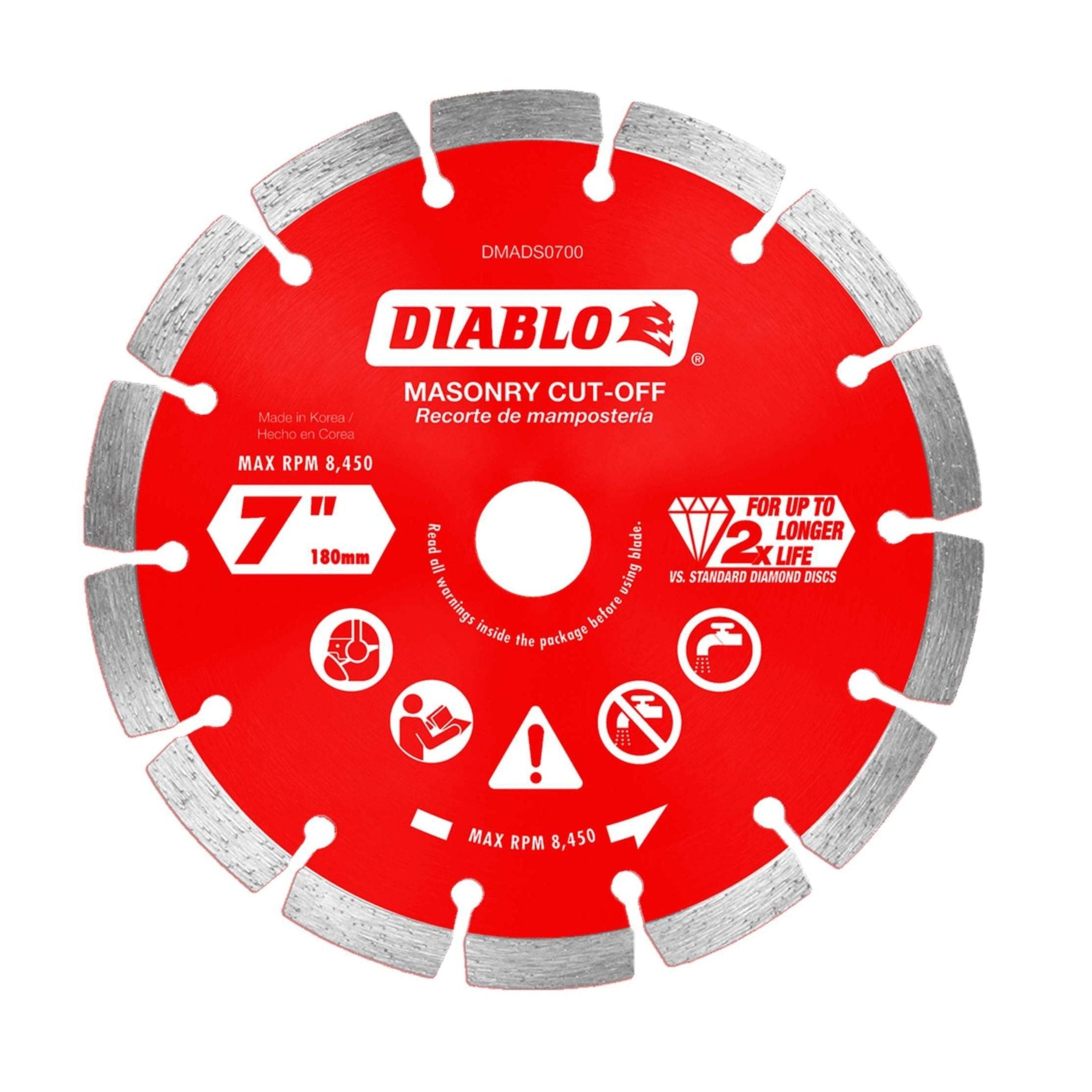The DIABLO DMADS0700 is a red, 7-inch diamond segmented masonry cut-off blade by Diablo, featuring precise cutting with a max RPM of 8,450 and an extended cutting life compared to standard discs.